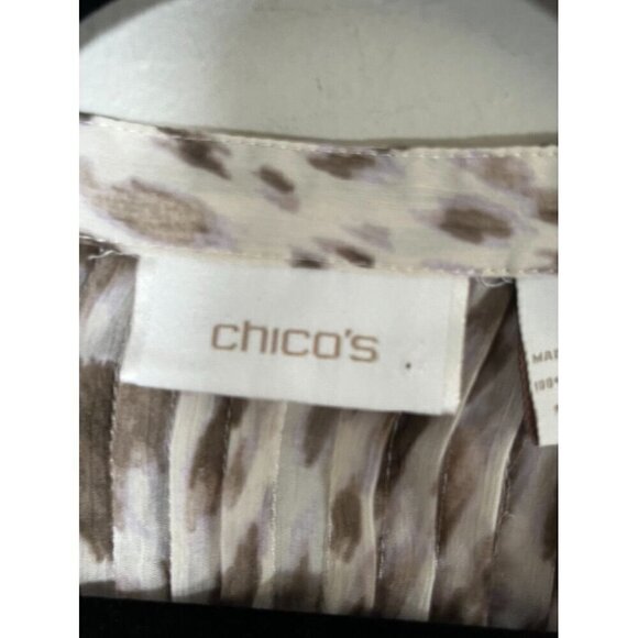 Chicos Animal Print Top XL Brown Sheer Pintuck Neutral Minimalist Resort Classic - Picture 2 of 13